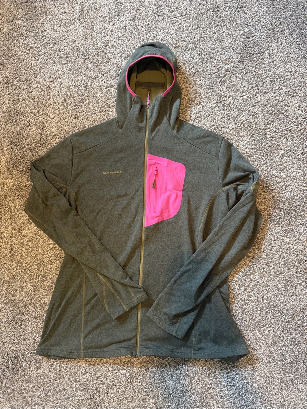 Mammut Women's Olive Green Hooded Base Layer Jacket with Pink Chest Pocket